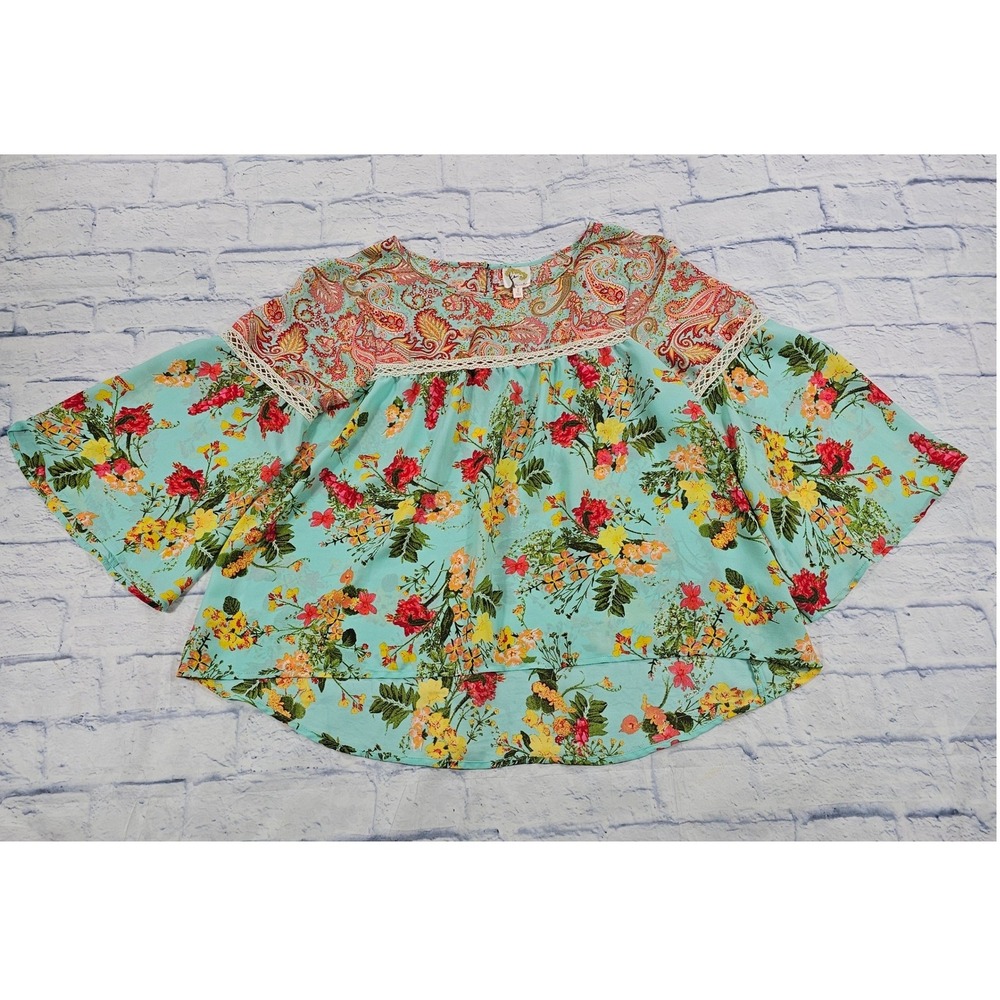Fig and Flower Boho Peasant Top WOMEN L Blue Floral Paisley Bell Sleeve